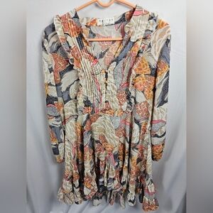 Floral Tiered Long-Sleeve Dress in Cream and Coral